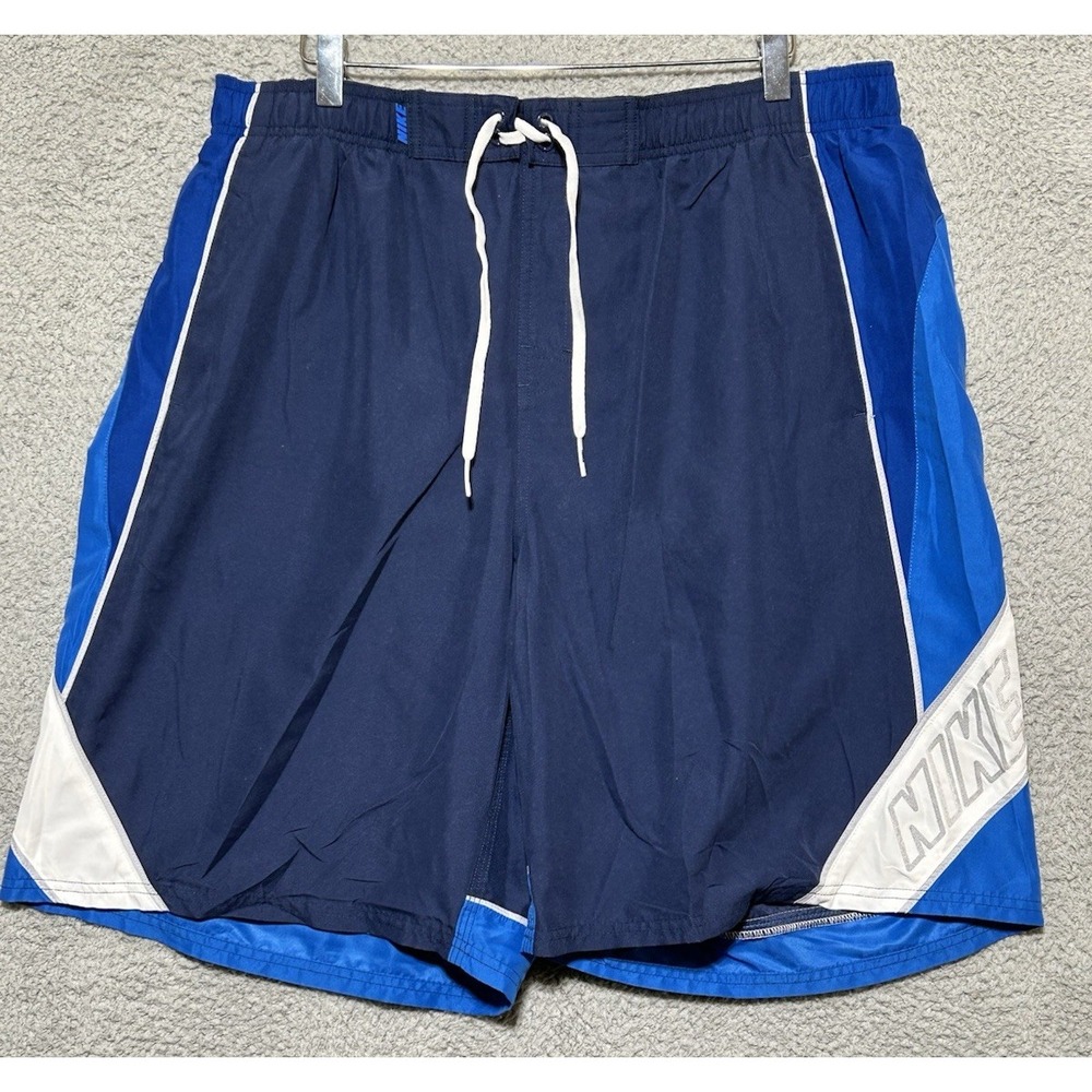Nike Shorts Mens 2XL Lined Swim Trunks Athletic Drawstring Blue White Colorblock